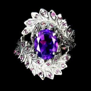 925 Sterling Silver Ring Sz 7.5 with Natural Amethyst 9x7mm & Rhodolite Garnet